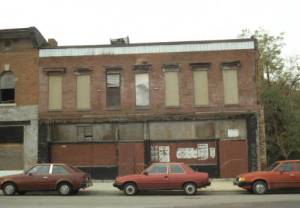An undated image of Indiana Avenue commercial buildings after their decline (image Indiana Historic Architecture Slide Collection, IUPUI University Archives).