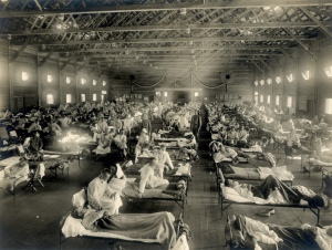 Flu patients being treated at Camp Funston, Kansas during the 1918 epidemic   (image National Museum of Health and Medicine).
