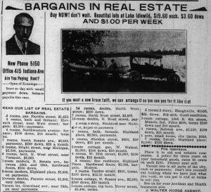 This June, 1916 ad by J. Walter Hodge highlighted his Idlewild properties as well as his Indianapolis listings.